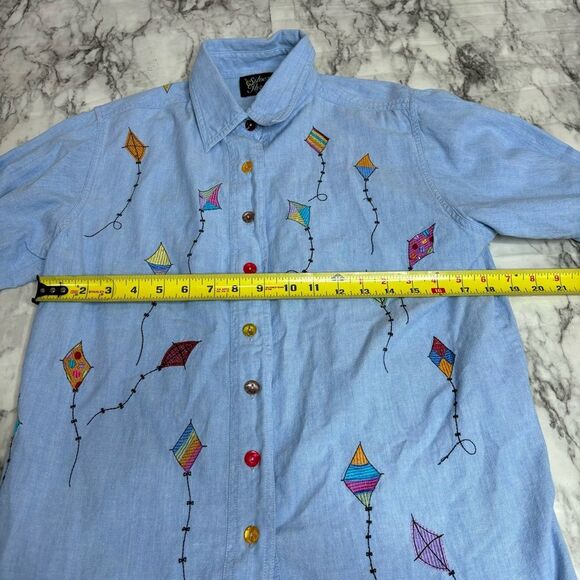 Vintage Kite Print Button Up Long Sleeve Top blue 100% cotton retro medium 90s - Picture 5 of 6
